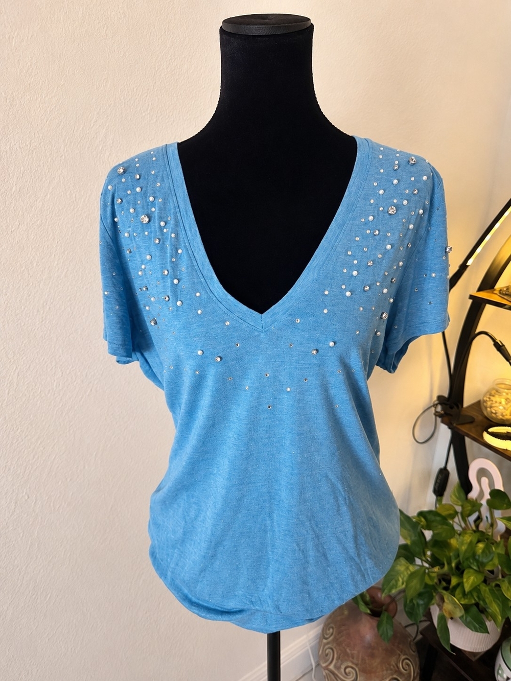 INC International Concepts Blue Embellished V-Neck Tee - Picture 2 of 2